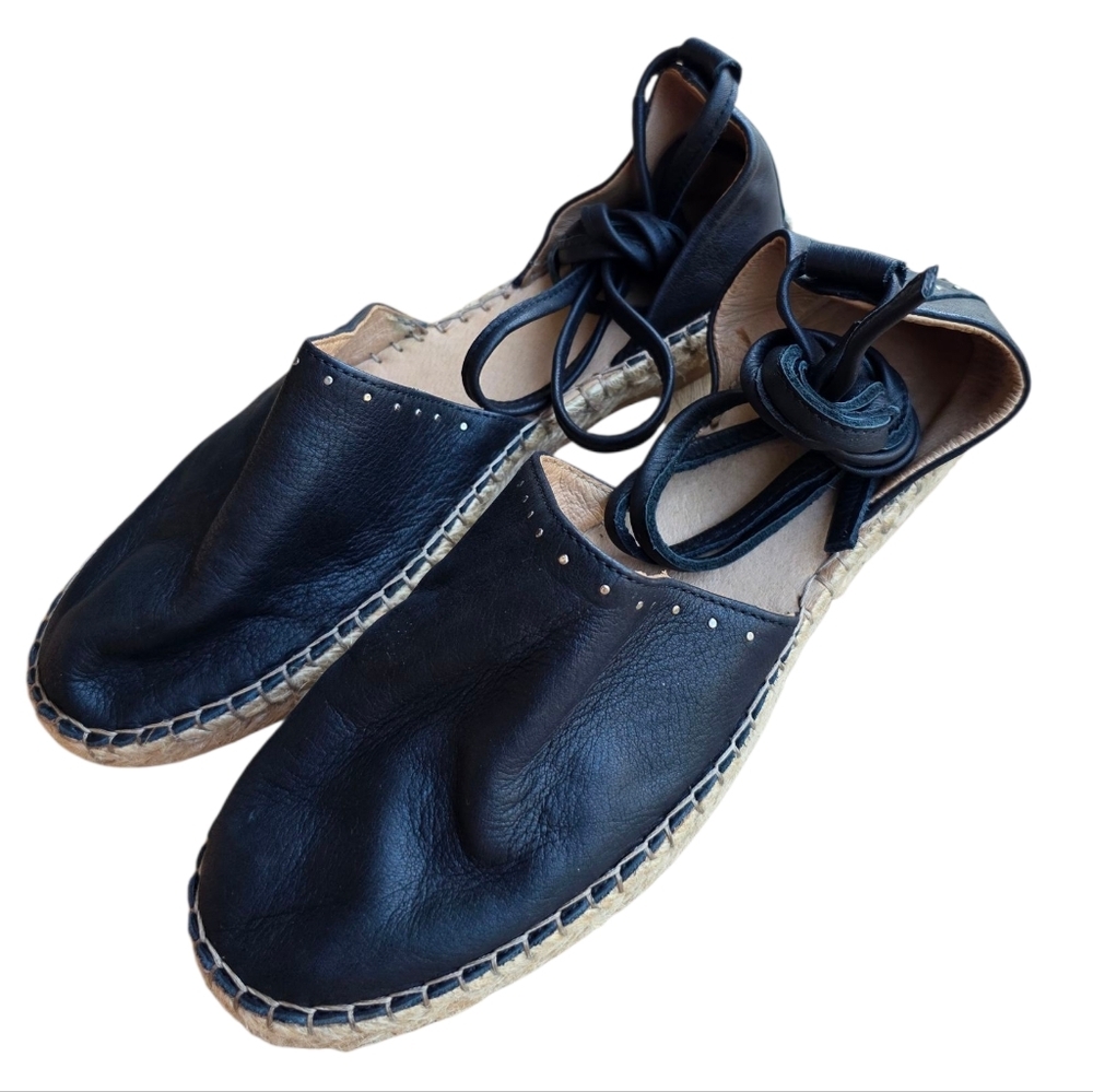 All Saints Black Leather Espadrille Ankle Tie Flats - Picture 5 of 9